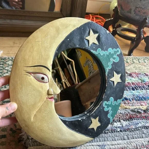 Vintage 90s 11.5" Handcarved Celestial Moon Stars Wall Mirror Indonesia Whimsy - Picture 15 of 16